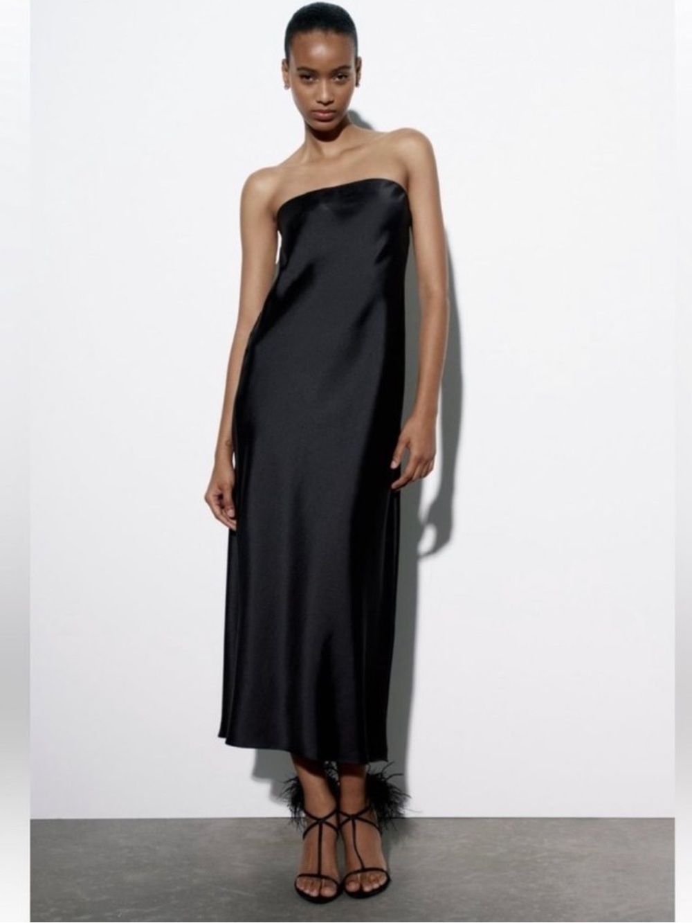 Zara Strapless Black Satin Midi Dress